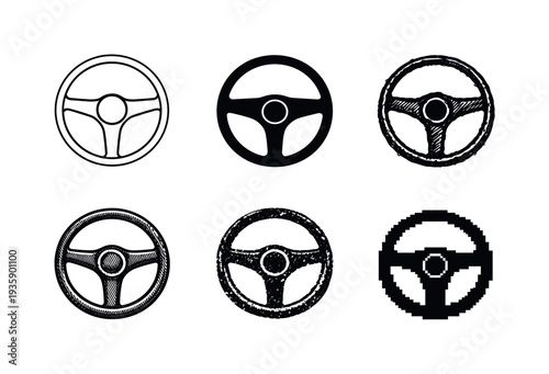 Steering Wheel Variations. Round steering wheel with central hub and three spokes used to control direction of a vehicle while