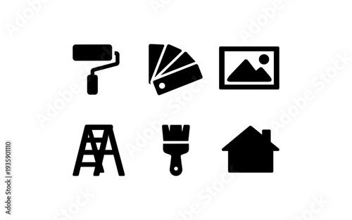 Set of icons representing home renovation and painting tools and concepts
