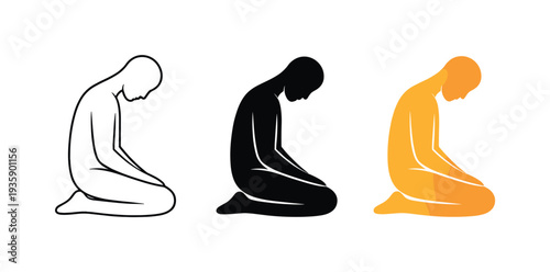Inner peace outcome represented by a kneeling human figure with bowed head and relaxed posture forming one complete worship pose