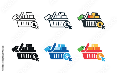 Stylized Shopping Icons. Digital shopping icon showing a stylized shopping basket, product boxes, price tags, and transaction