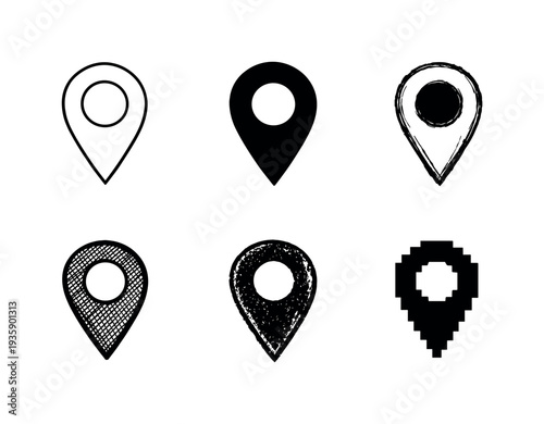 Geolocation marker pin with circular center and pointed tail indicating exact map position | Create ONE image containing EXACTLY