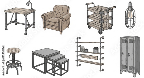 Collection of Industrial Style Furniture and Objects.