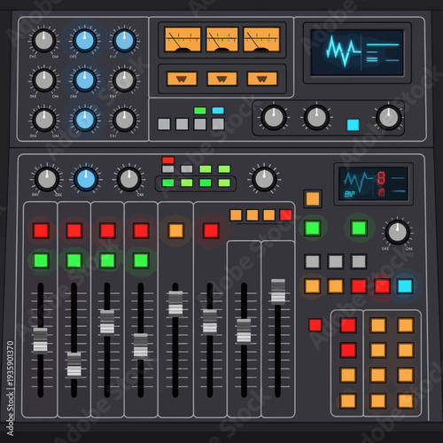 Professional audio mixing console with colorful controls and meters