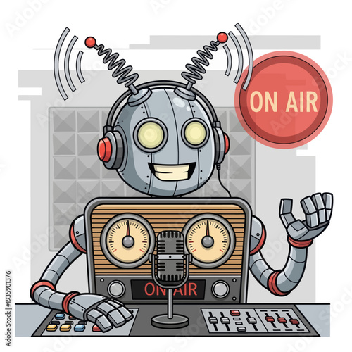 Friendly robot DJ broadcasting live on air with headphones and studio equipment
