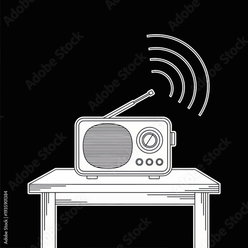 Vintage radio on table broadcasting signal