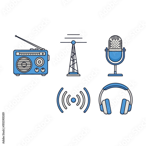 Collection of icons representing radio broadcasting and audio equipment, including a vintage radio, transmission tower, microphone, signal waves, and headphones