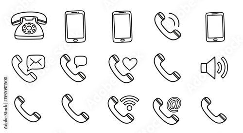 Collection of Hand Drawn Telephone and Smartphone Icons.
