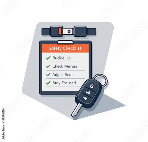 Refined contemporary safe driving essentials concept with essential seatbelt dashboard checklist and car key subtly offset and
