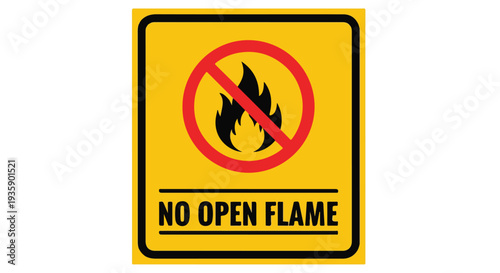 Yellow warning sign with red circle and flame prohibition symbol on white background.