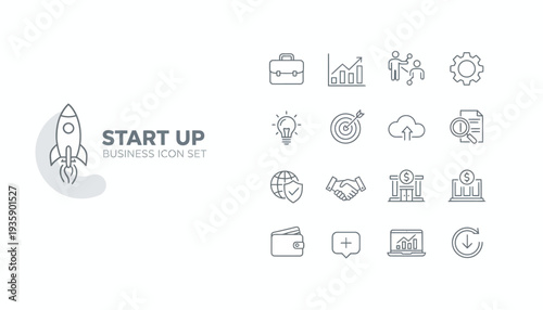 Startup Business Icons Set with Rocket Symbolizing Innovation and Growth.