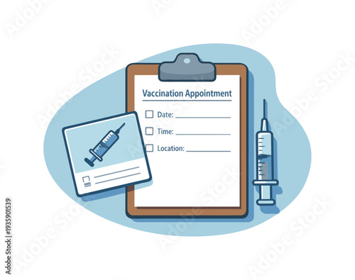 Clean vaccination appointment concept viewed from above with generic syringe symbol medical card and clipboard aligned clearly,