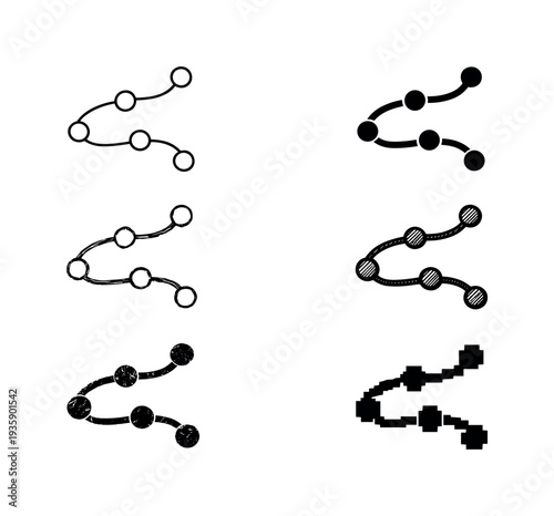Directional route curve with round markers indicating step by step navigation path | Create ONE image containing EXACTLY six