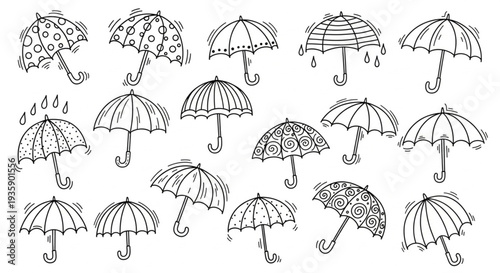 Collection of Hand Drawn Umbrellas in Various Designs.