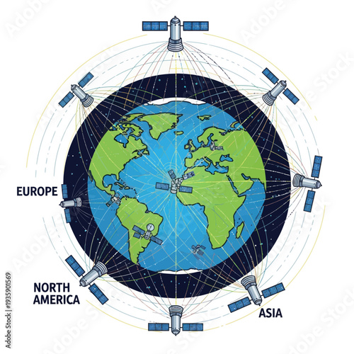 Global satellite network orbiting Earth with worldwide coverage
