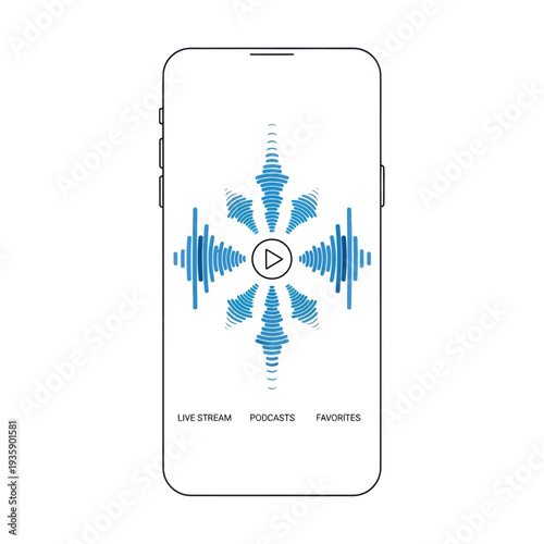Smartphone screen showing audio streaming app interface with play button and sound waves