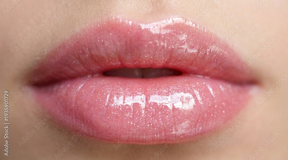 Obraz premium Close-up of glossy pink lips with shimmering lip gloss, highlighting smooth texture, hydration, and natural beauty makeup look.