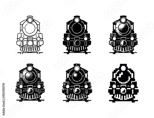 Classic locomotive front with round headlight and central buffer used for railway transport | Create ONE image containing EXACTLY