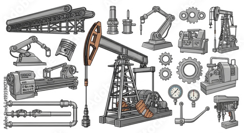 Collection of industrial machinery and equipment illustrations.