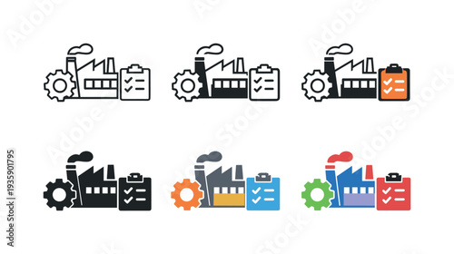 Resource management icon featuring a factory, gear, clipboard, and storage container, symbolizing industrial operations,