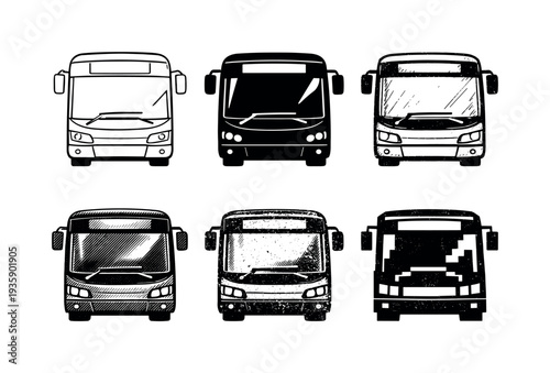 Electric city bus front with flat nose and large window for eco friendly public transit | Create ONE image containing EXACTLY six