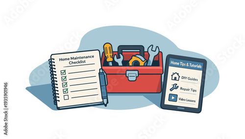 Clean home maintenance checklist concept viewed from above with generic notebook checklist toolbox and tablet aligned clearly,