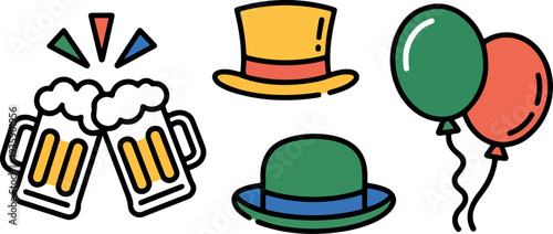 Set of celebration icons including clinking beer mugs, party hats, and balloons on transparent background