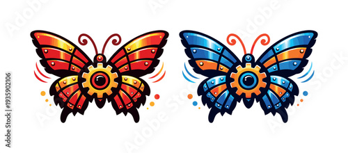 Two-Color vector icons of gear-winged butterfly: butterfly wing arc, gear cog bead, hinge line, wing segment stripe, tiny bolt