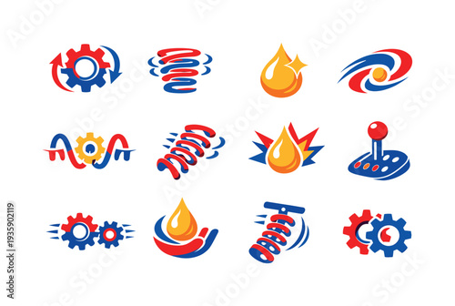 Two-Color vector icons of machine-motion harmony connected to gear–spring–oil: rotating gear, oscillating coil, droplet glint,