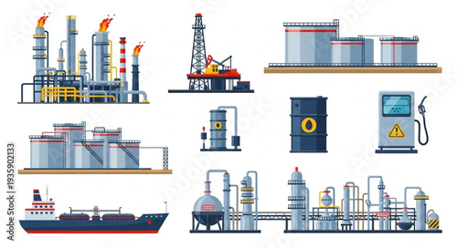 Collection of industrial oil and gas refinery equipment and structures.