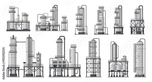 Collection of Industrial Oil Refinery Towers and Equipment.