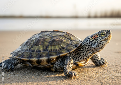 Extreme macro of a Diamondback terrapin turtle on a sandy beach at sunset, isolated on transparent background, capturing its textured shell and patterned skin with a soft, warm glow.