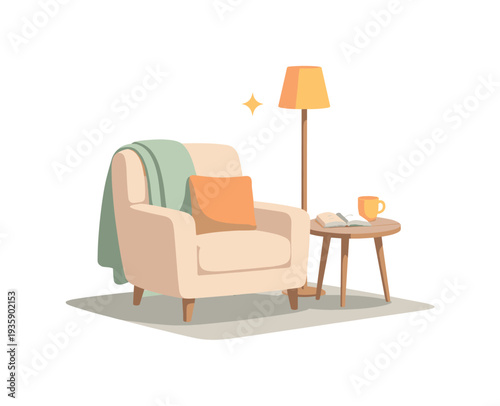 Minimal cozy reading nook essentials with chair book and lamp loosely arranged seen from a slight angle, offset to the left third