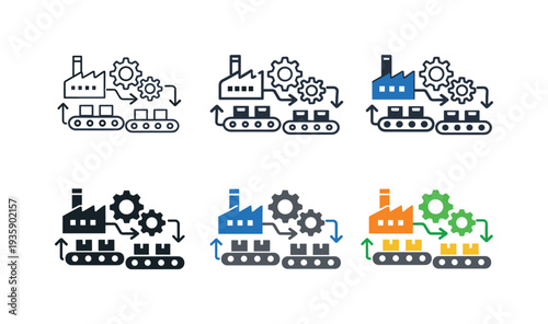 Operational manufacturing icon depicting interconnected factory gears, workflow arrows, and assembly lines representing efficient