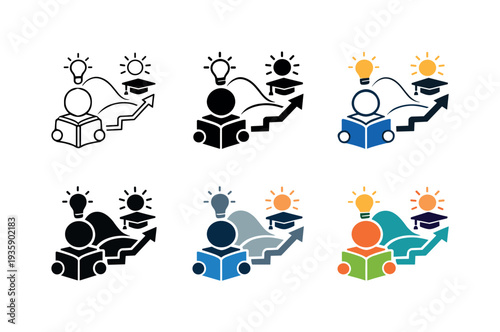 Learning progress emblem illustrating the journey of acquiring skills and information through reading, instruction, and