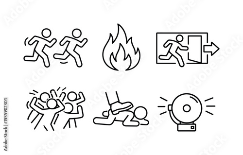 Line style vector icons of mass panic in theater fire: running-people motif, fire-flame icon, exit-sign outline, crowd-chaos
