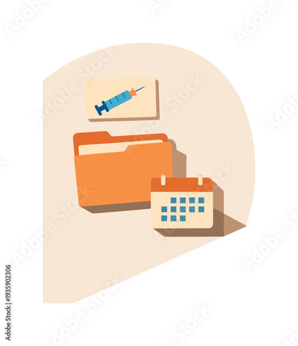 Vaccination appointment concept with simple appointment card syringe icon medical folder and calendar tile arranged neatly seen