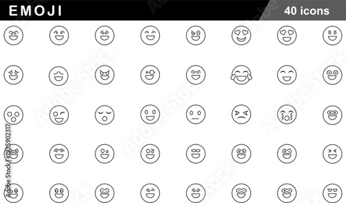 Emoji Thin Line Icons Set Human Emotions, Expressive Faces, Social Reactions, Positive Feelings and Mood Symbols for Digital Communication