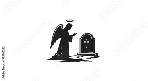 Angel silhouette praying beside grave on transparent background
