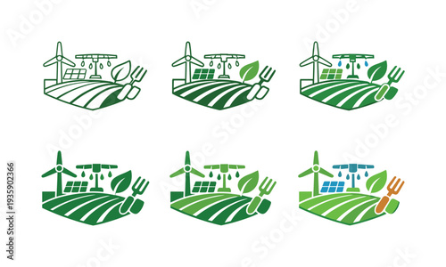 Green agriculture icon showing stylized fields, smart irrigation systems, renewable energy panels, and eco-friendly tools