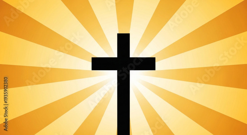 Black cross silhouette with radiant golden light rays on transparent background