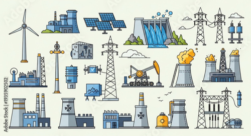 Collection of industrial power generation and energy infrastructure illustrations.