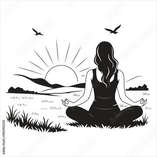 Woman practicing yoga and meditation at sunrise line art vector illustration. Girl yoga vector design.
