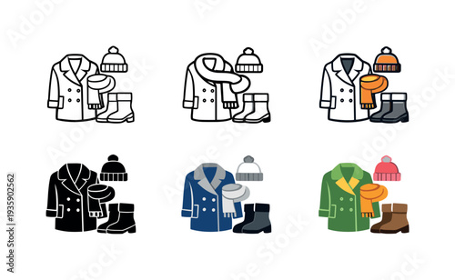 Seasonal fashion icon showing stylized clothing items such as coats, scarves, hats, and boots arranged to represent changing