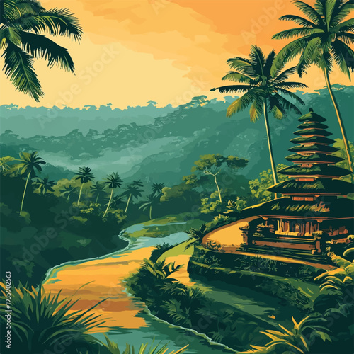 Print“Tropical Jungle Landscape with Traditional Temple at Sunset – Bali Indonesia Illustration”