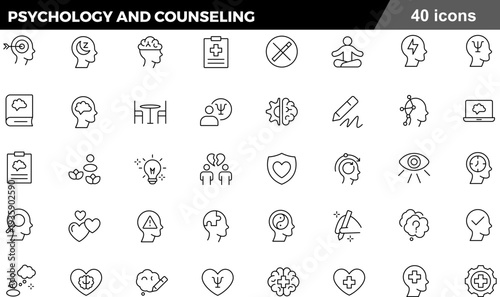 Psychology and Counseling Thin Line Icons Set Mental Health, Cognitive Therapy, Emotional Support, Mindfulness and Behavioral Science Symbols for Wellness