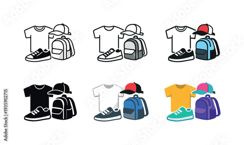 Teen fashion icon depicting a stylized t-shirt, sneakers, cap, and backpack representing youth apparel, trendy outfits, and
