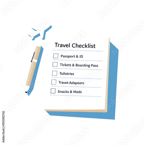 Airy travel reminders checklist concept emphasizing clarity and organization seen in top-down macro perspective, positioned in