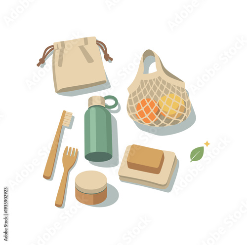 Minimal zero waste daily essentials with sparse eco items loosely arranged seen from a top-down angle, offset to the left third