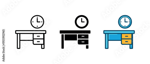 Structured workday scene showing a desk icon with a clock element integrated to symbolize everyday corporate routine and order —