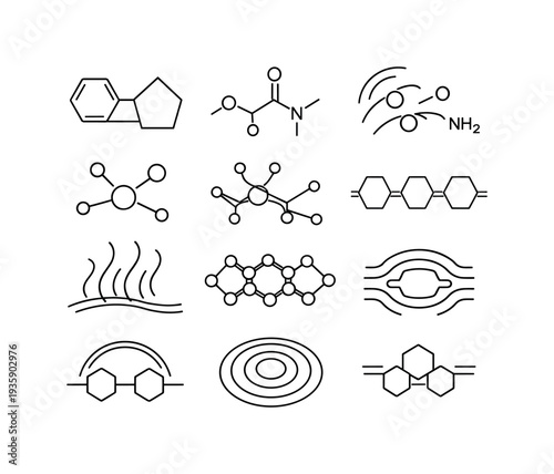 Pheromone Icon Grid. Line style vector icons of pheromone structures: ring scaffold tile, small molecule outline, functional group